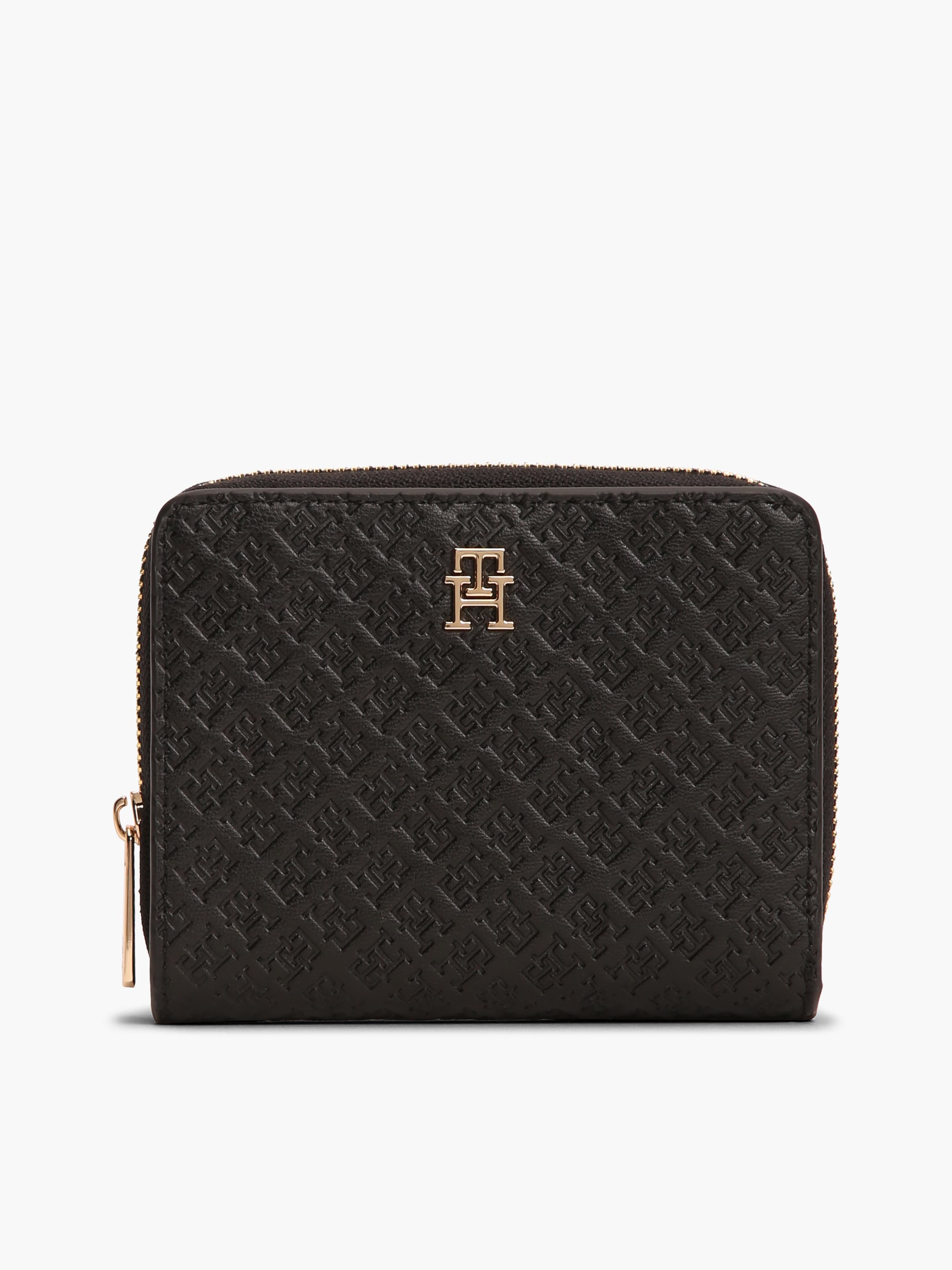 محفظة بغطاء مزخرفة مع سحاب كامل بنقش شعار Hilfiger Icon بارز